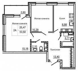 Двухкомнатная квартира 53.92 м²