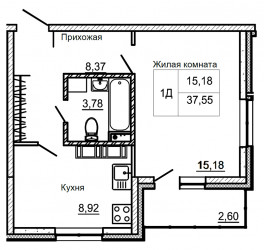 Однокомнатная квартира 37.55 м²