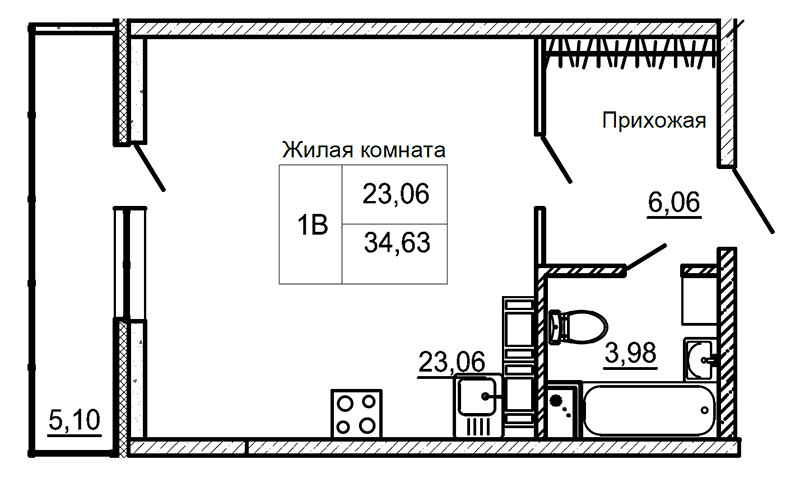 Студия 34.63 м²